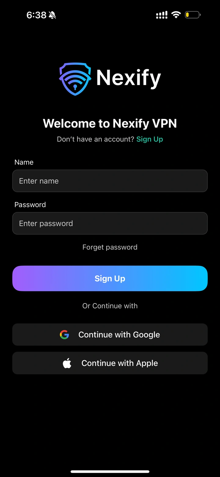 Nexify VPN sign-in screen