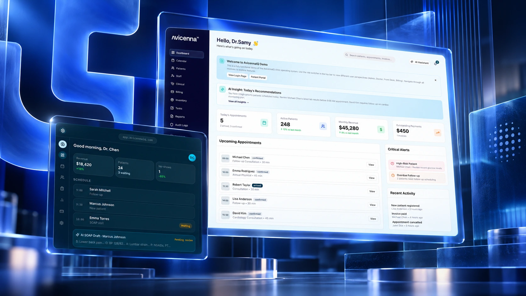 AvicennaIQ product artwork with demonstration clinic interfaces
