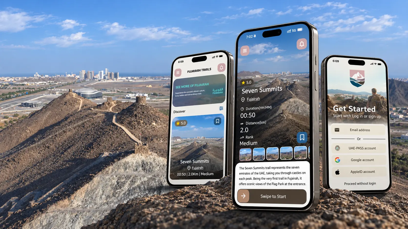Fujairah Trails app artwork with discovery, trail details and onboarding