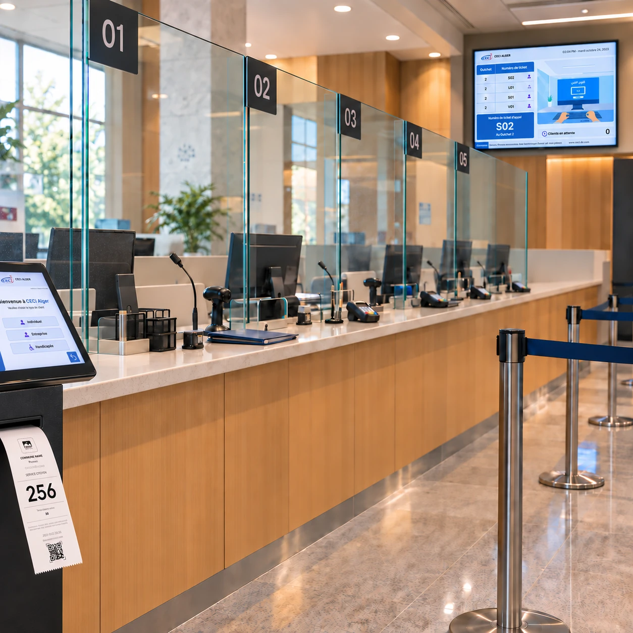 Service counters and a partially visible queue-management kiosk