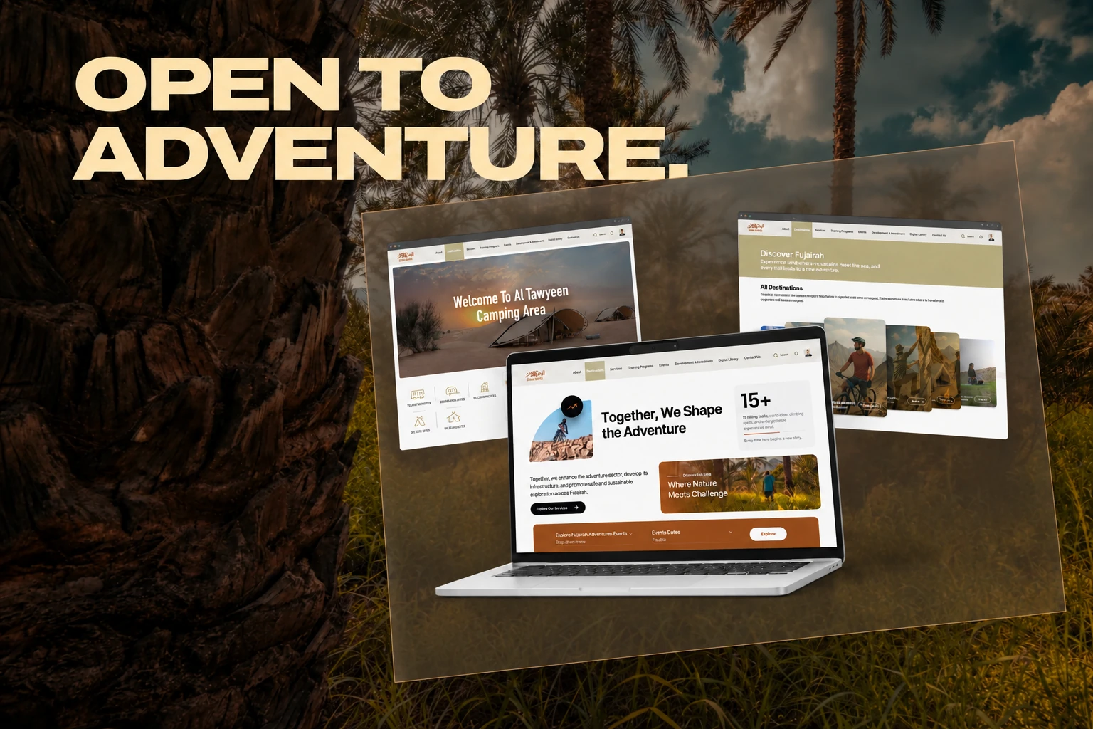 Fujairah Adventures website screens and laptop in a palm landscape.