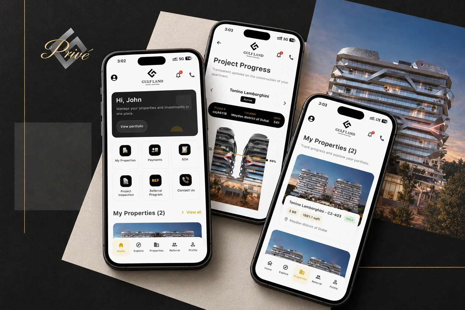 GLPD Privé property-owner app: three phone screens beside the Tonino Lamborghini building