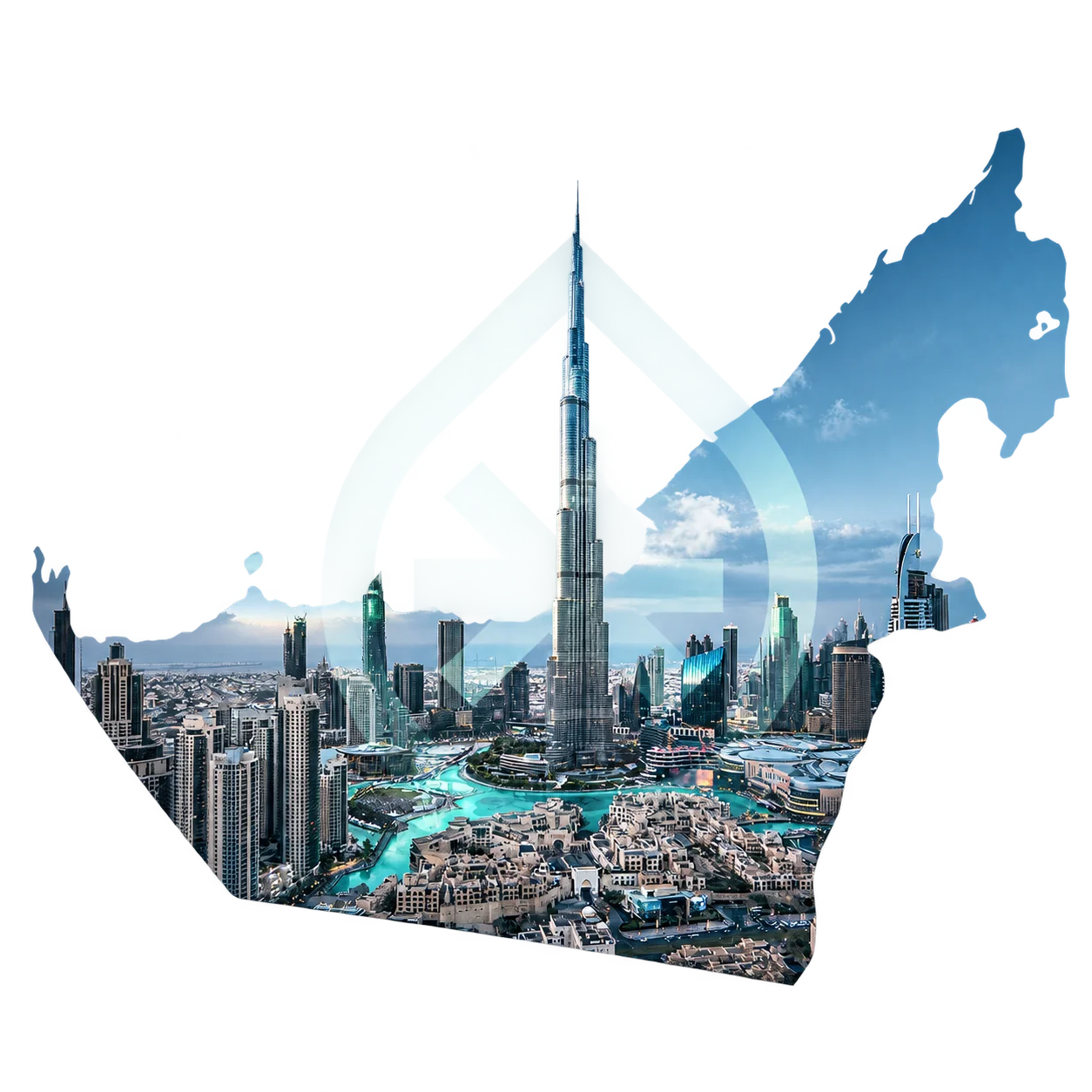 Dubai skyline within a UAE silhouette