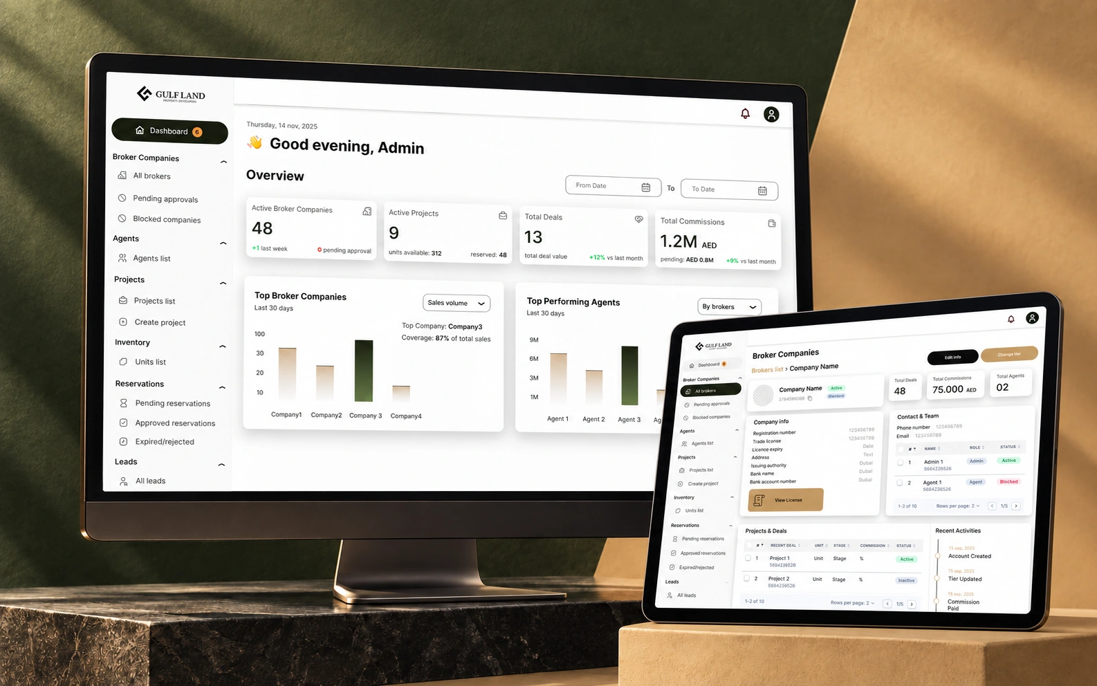 GLPD Brokerage Management Platform dashboard on monitor and tablet