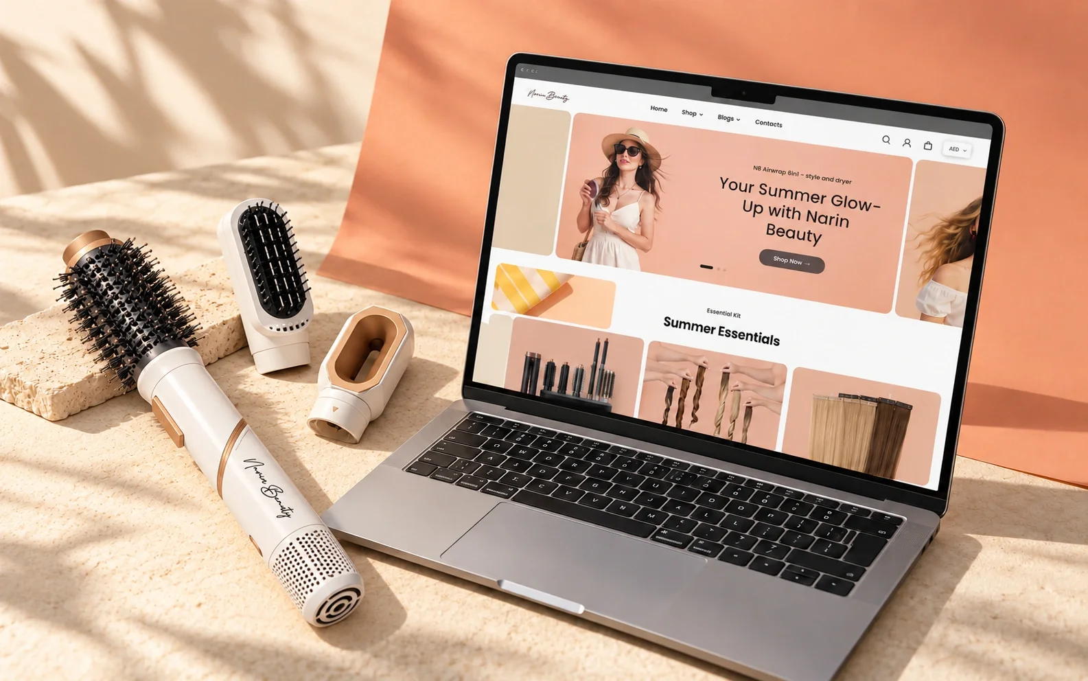 Narin Beauty storefront and white-and-bronze styling brush