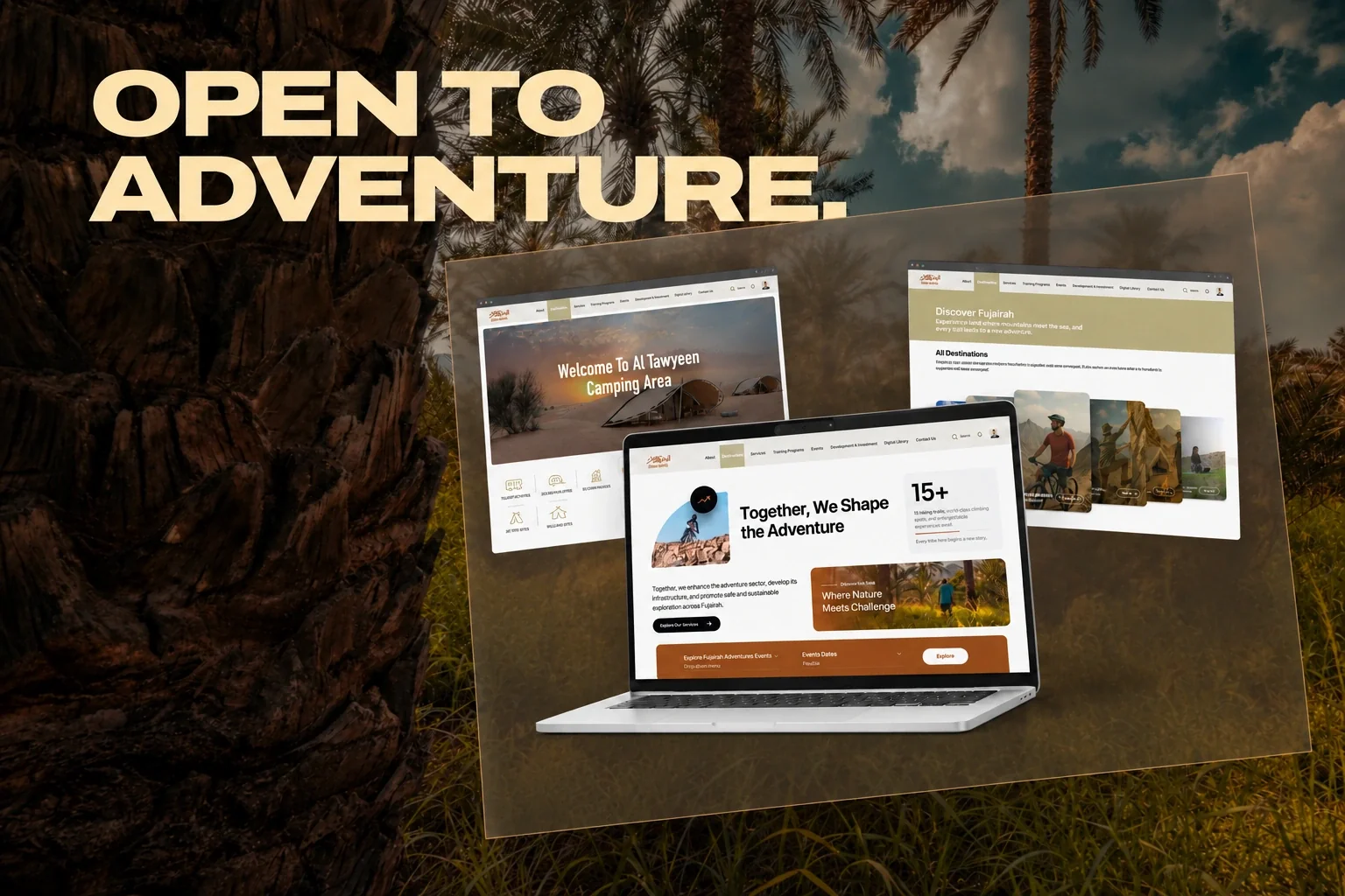 Fujairah Adventures website presented on a laptop beside an outdoor scene