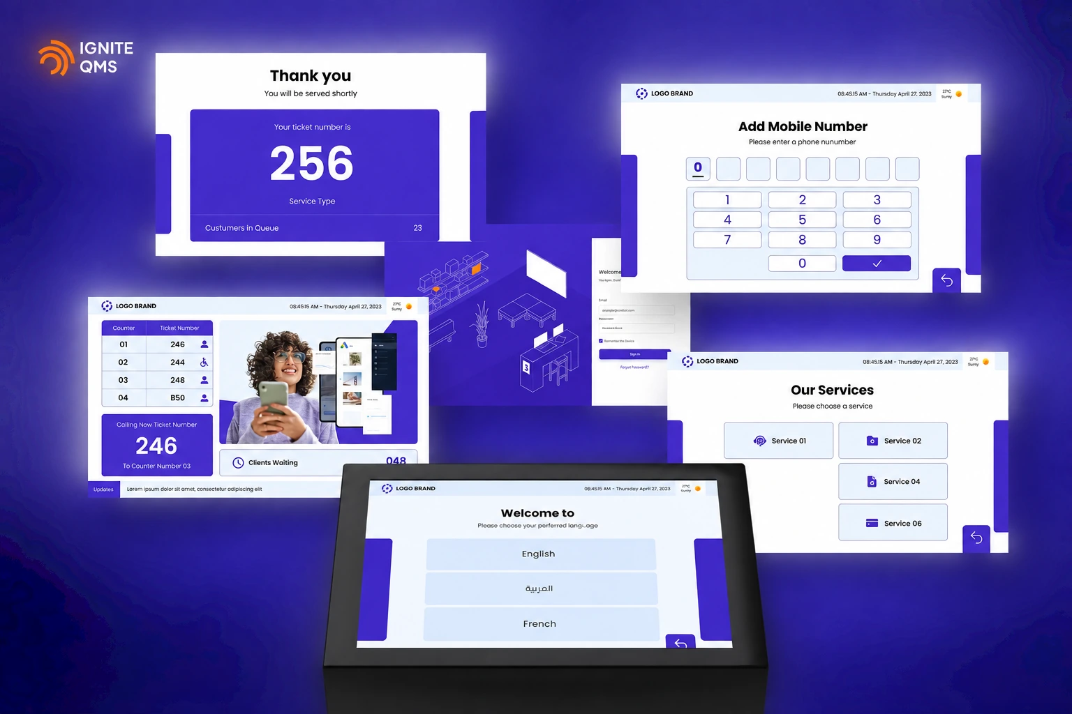 Ignite QMS dashboard, ticket and kiosk interfaces