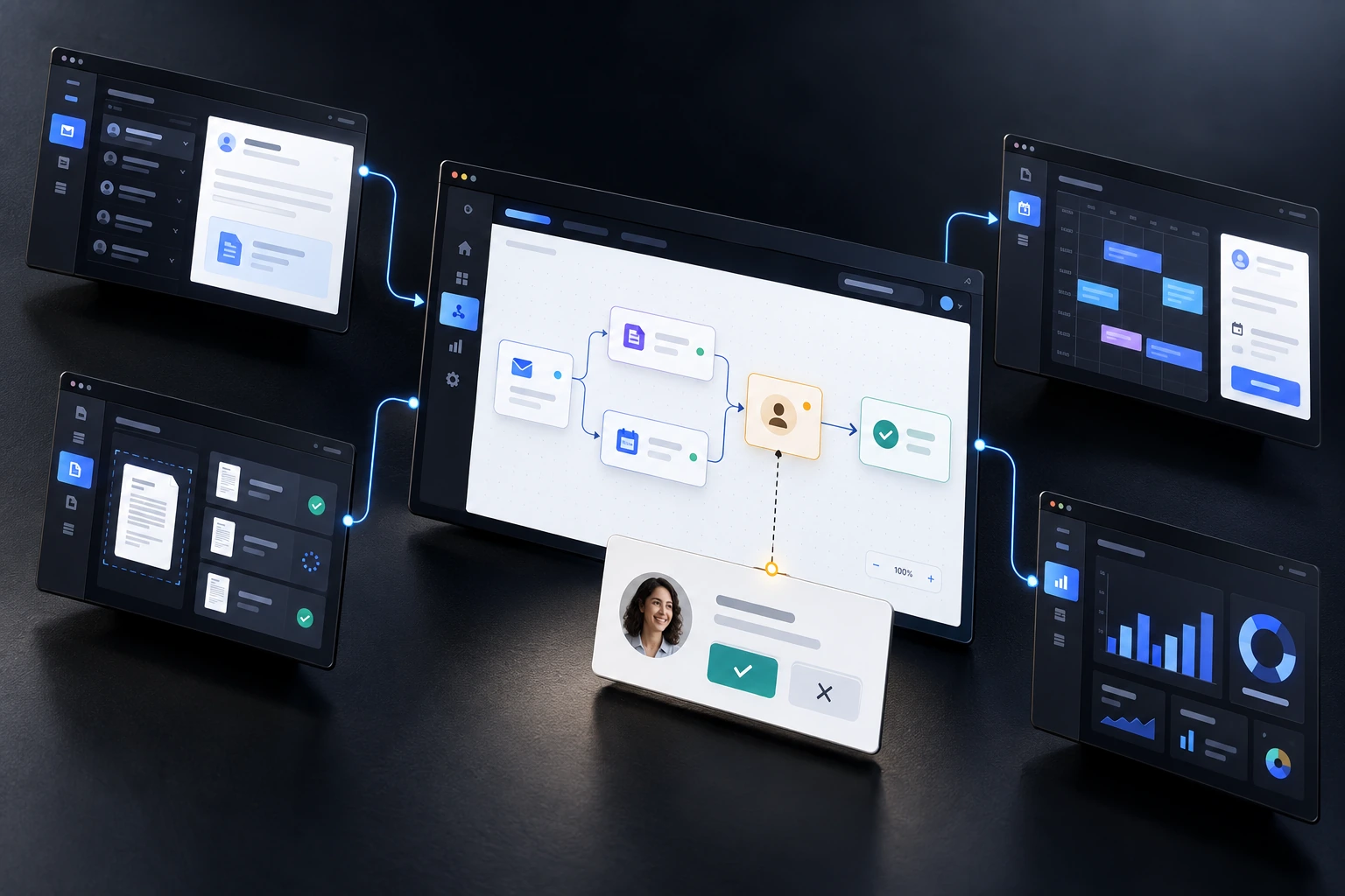 Workflow diagram linking digital tools with a human approval step