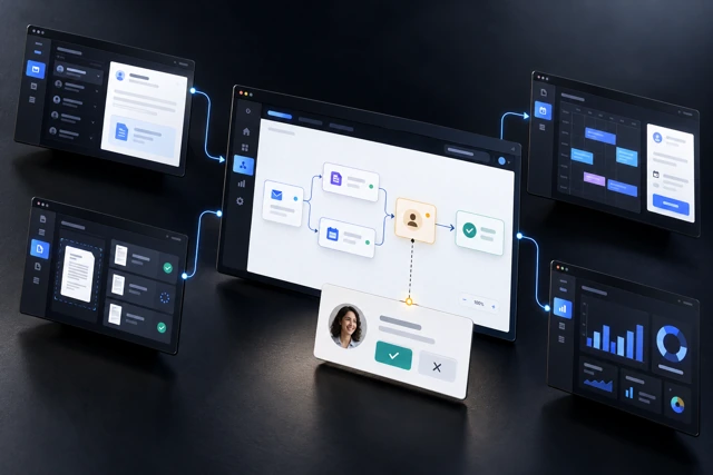 Workflow diagram linking digital tools with a human approval step