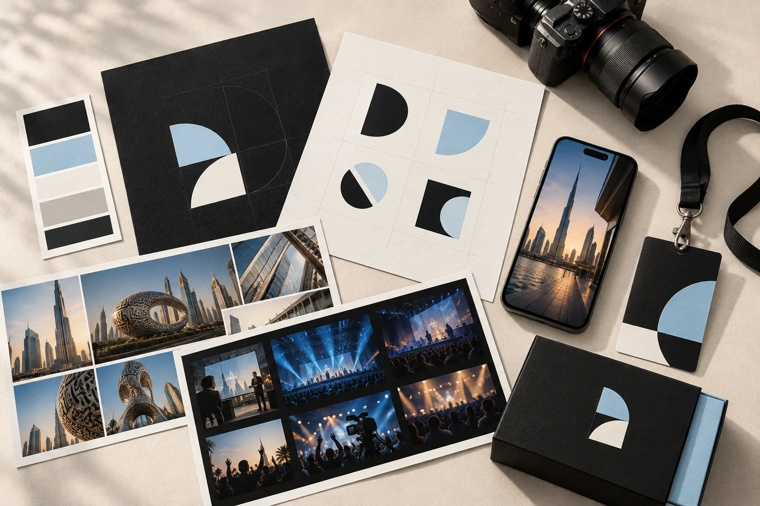 Brand identity boards, camera, Dubai photography and event imagery
