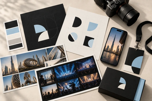 Brand identity boards, camera, Dubai photography and event imagery