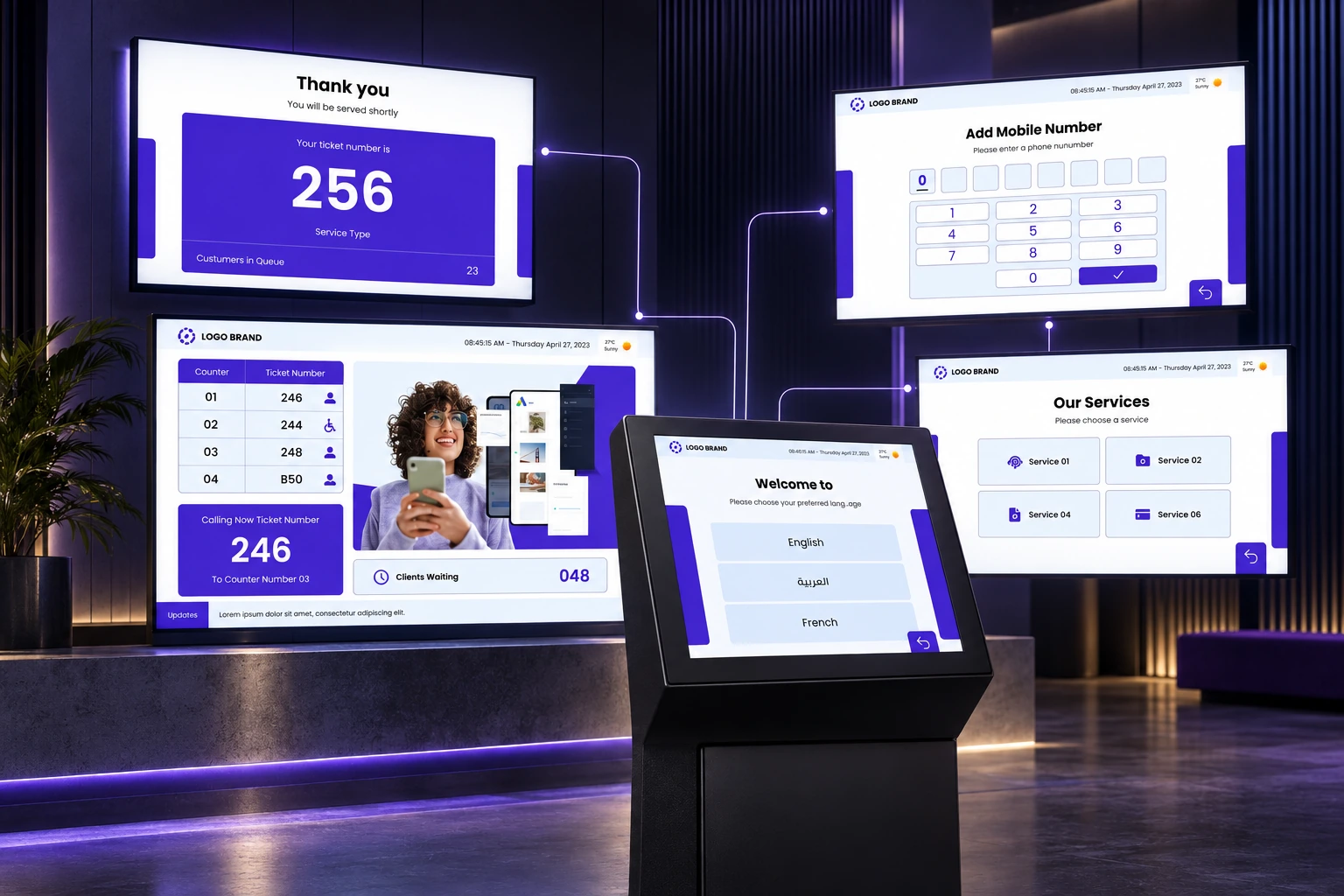 Queue-management kiosk, ticketing and service-counter screens