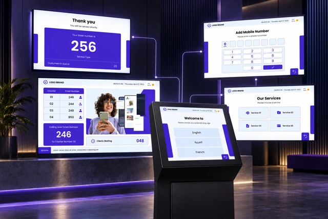 Queue-management kiosk, ticketing and service-counter screens