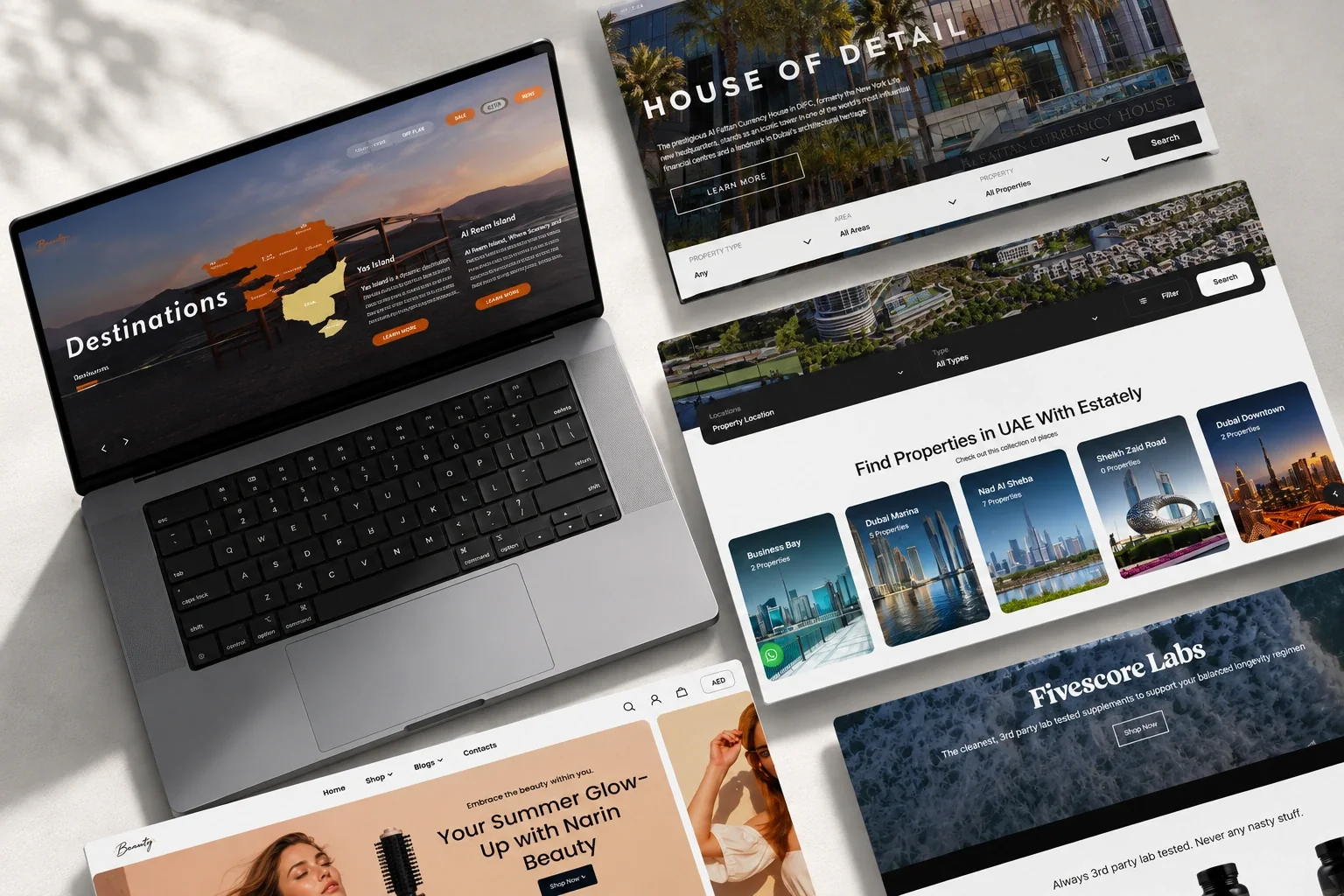 Website collage with a laptop, property pages and online storefronts